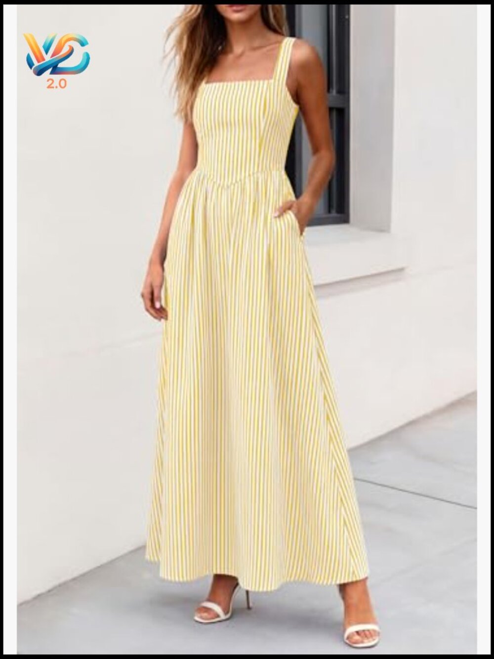 Women's Striped Maxi Dress Fit & Flare Square Neck Sleeveless Summer Sundress - Picture 5 of 7